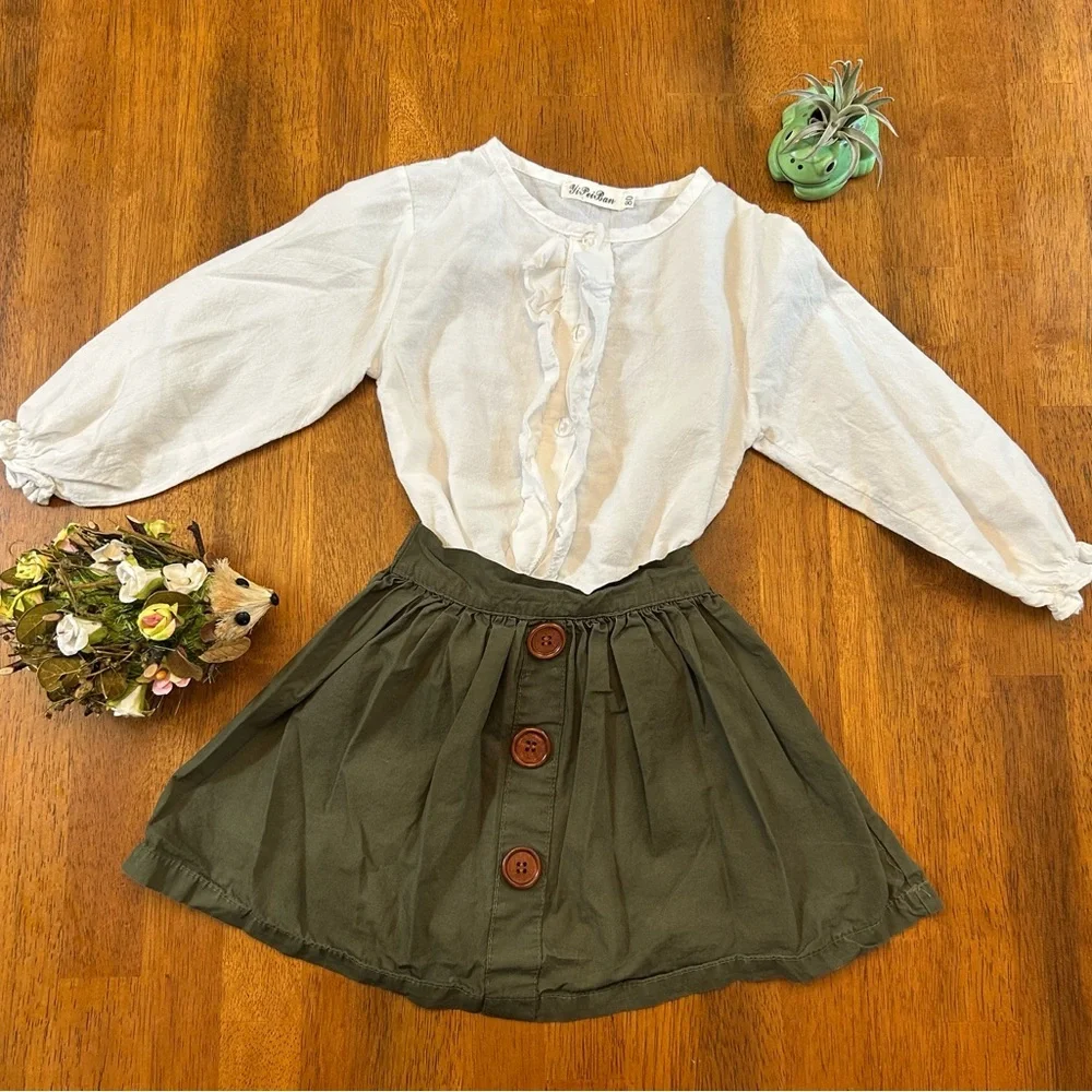 Olive Green Button Skirt & White Ruffle Top Outfit | Girls Size 80(12-18 Months)